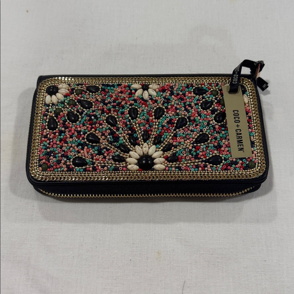 Coco + Carmen Black Beaded Floral Zip Wallet with Multicolor Seed Beads